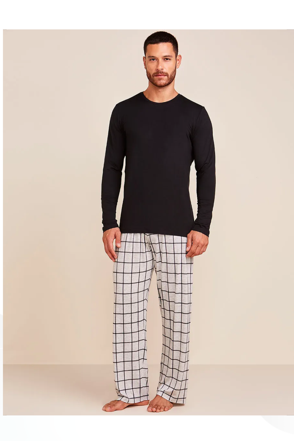 Pijama Longo Masculino Em Viscose Estampada Moments Estampa Xadrez Mescla Com Preto Moments
