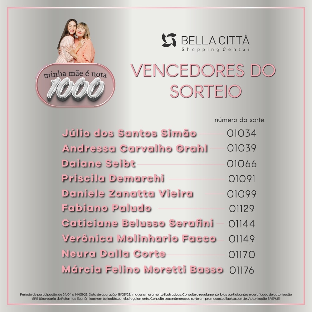 Bella Città realiza o sorteio da campanha Minha Mãe é Nota 1.000