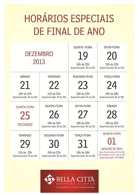 Horários de Final de Ano no Bella Città Shopping