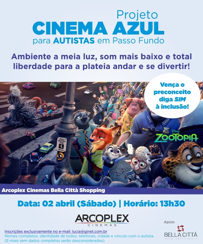 Projeto Cinema Azul acontece neste sábado no Bella Città Shopping