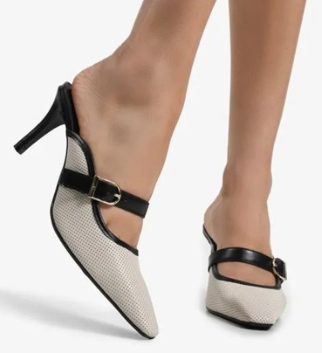 Mule Bico Quadrado Preto Branco Couro