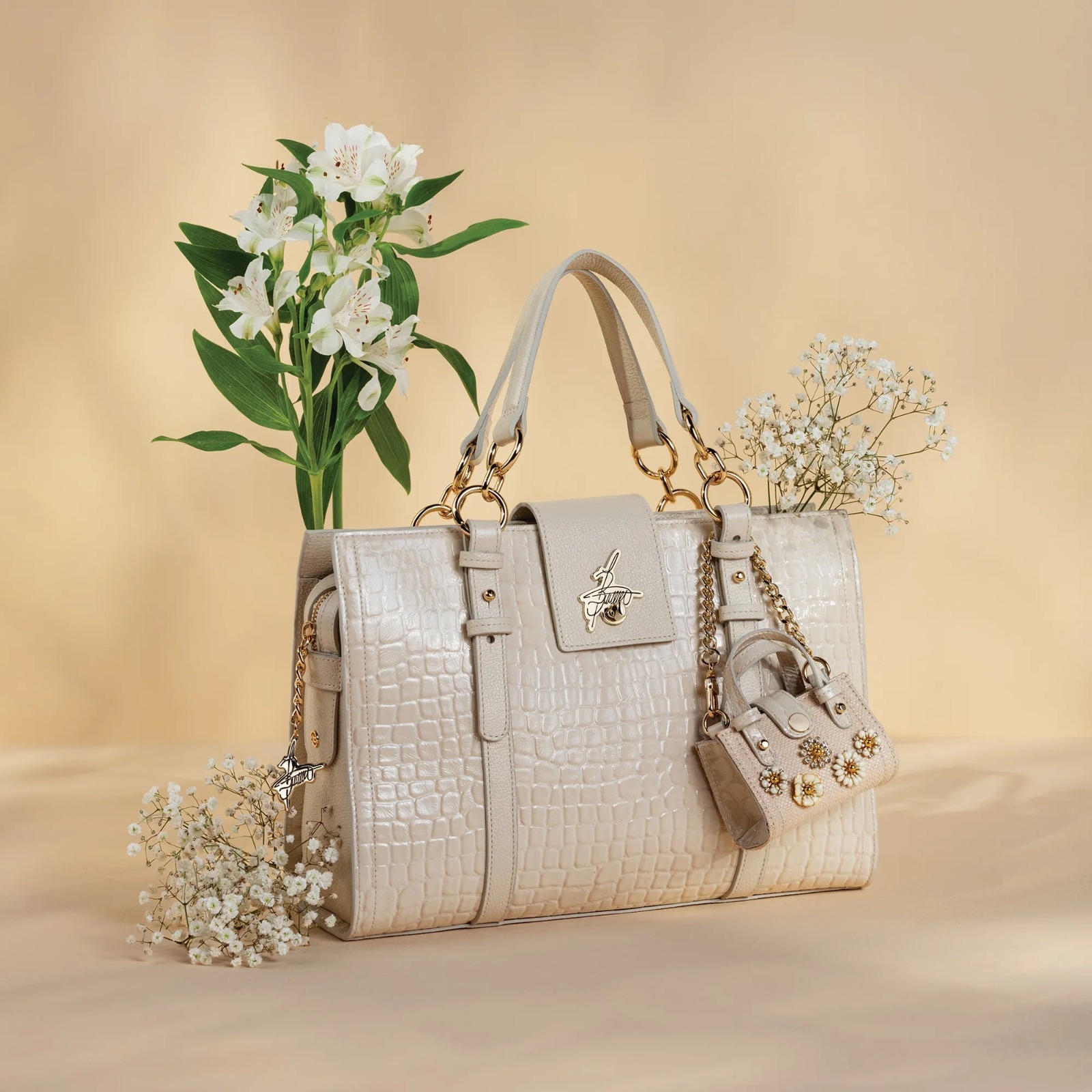 Bolsa Tote Florescer Off White Brulée Couro Croco