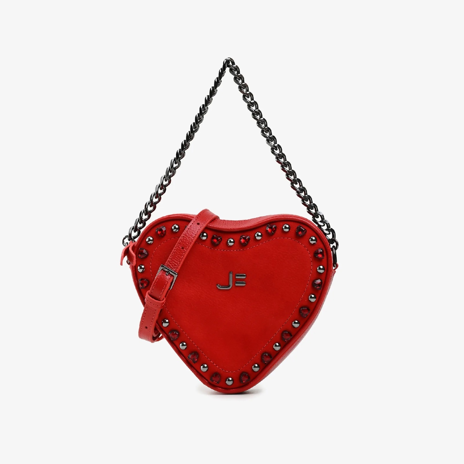 Bolsa Transversal Coração Pedraria Vermelho Cereja Couro